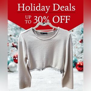 Zara Cream Cropped Top with Rhinestone Hem size medium women’s